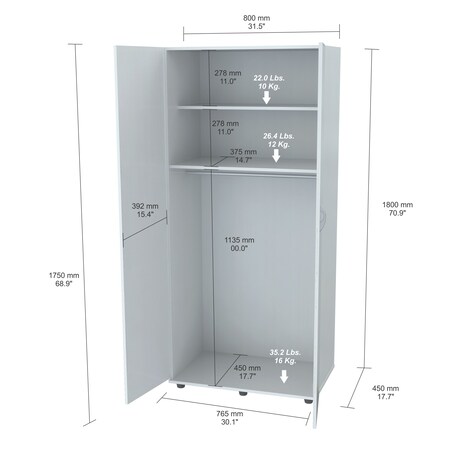 Inval Armoire/Wardrobe 30.1 in W x 17.7 in D x 70.9 in H in Washed Oak AM-15023